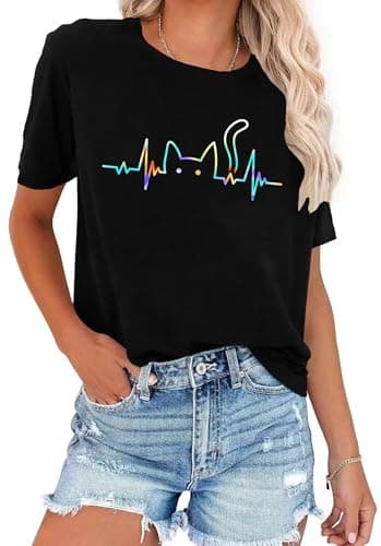 Image of tiorhooe Cat T Shirts for Women Funny Graphic Tshirt Casual Short Sleeve Tee Tops S-XXL