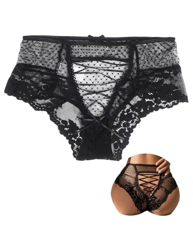 Image of ohmydear High Waisted Knickers for Women Plus Size G String Thongs Sexy Panties Cross Back Underwear Hollow Out Bikini Briefs Cute Black Lace Thong Size 16