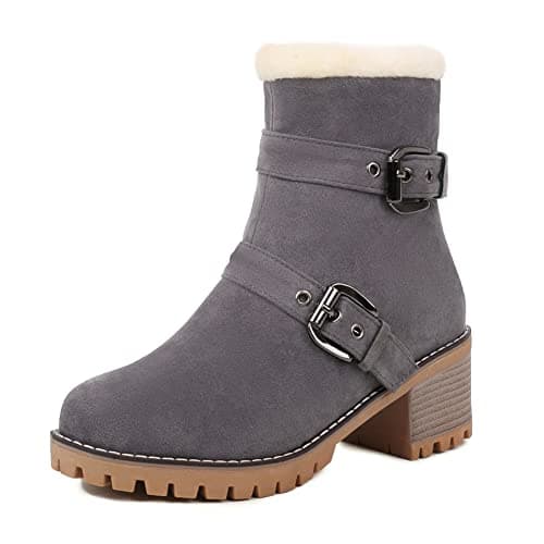 Image of LIPIJIXI Low Heel Winter Boots for Women Side Zipper Suede Buckle Warm Boots Chunky Heel Snow Boots Round Toe Faux Fur Snow Ankle Boots Grey size 42