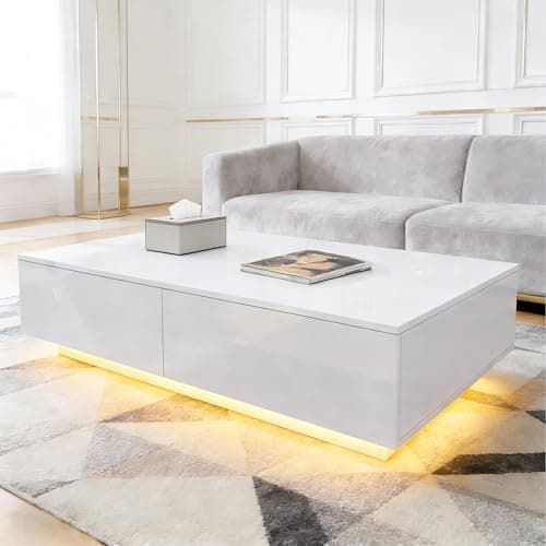 Image of Senvoziii Coffee Table for Living Room, Modern Side Table Wooden Centre Table, White High Gloss Coffee Tea Tables with 4 Drawers Storage for Home Office Furniture