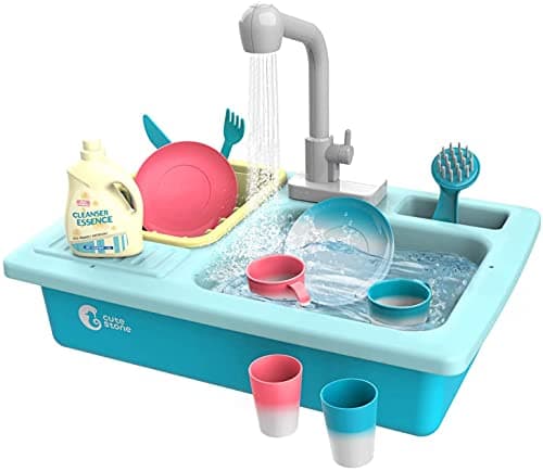 Image of cute stone Kitchen Sink Toys, Heat Sensitive Electric Dishwasher Playing Toy with Warm Running Water, Automatic Water Cycle System Play House Pretend Role Play Toys for Girls Boys