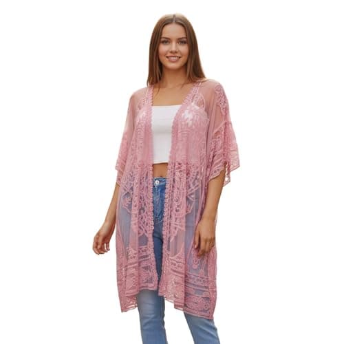 Image of Edhomenn Women's Bikini Cover Up Long Sleeve Lace Cardigan Embroidery Print Cardigan Smock Kimono Long Beach Dress (023 Pink, One Size)