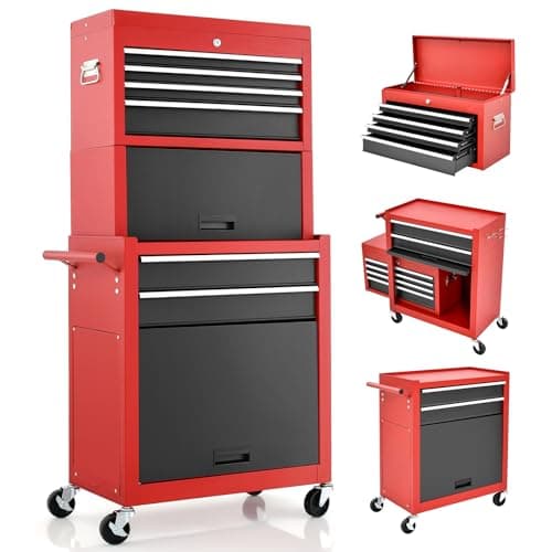 Image of GiantexUK 2 in 1 Lockable Metal Tool Chest with Removable Top Cabinet, Wheels, 5/6 Drawers, Pegboard & Hooks, Heavy-duty Rolling Tool Box Trolley (with Middle Toolbox, Black+Red)