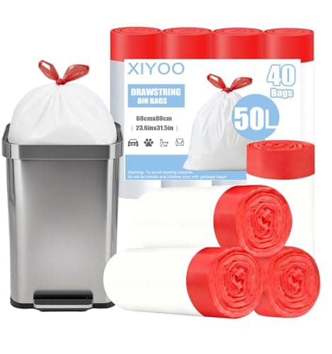 Image of XIYOO Swing Bin Liners 50l Bin Bags White 40 Counts Rubbish Bags with Drawstring Handles Plastic Garbage Bag Strong Waste Bags for Kitchen