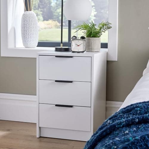 Image of Home Source Bedside Cabinet Nightstand, 3 Drawers, White