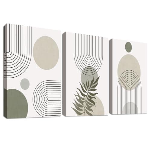 Image of 3 Pcs Wooden Framed Canvas Wall Art Abstract Boho Sage Green Canvas Prints Geometric Line Beige Green Pictures for Living Room Bedroom Kitchen Hallway Stairs Wall Decor 150x70cm(20"x28"x3pcs)
