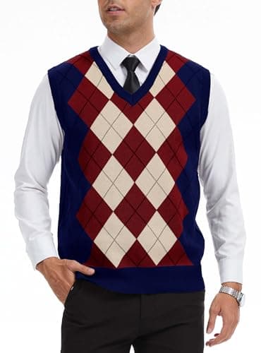 Image of Zaitun Men's Argyle Sleeveless Jumpers V Neck Vest Tops Knitted Slim Fit Waistcoat Business Casual Sweaters Pullover Autumn Winter Red