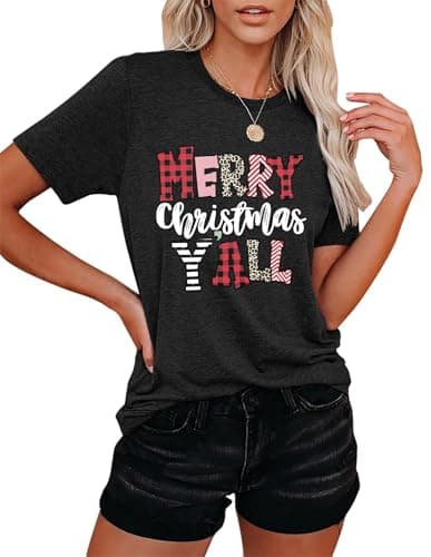 Image of Christmas Shirts for Women Merry Christmas Y'all Tshirt Buffalo Plaid Graphic T-Shirt Leopard Xmas Gift Tops (Grey-c,XXL)