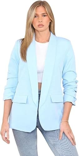 Image of Lined Blazers for Women Casual Long Ruched Sleeve Suit Plain Open Jackets Work Office Womens Coats Cardigan Suit Formal Jacket Top Solid Color Collar Italian Ladies Blazer Coats (Sky Blue, UK 8-10)