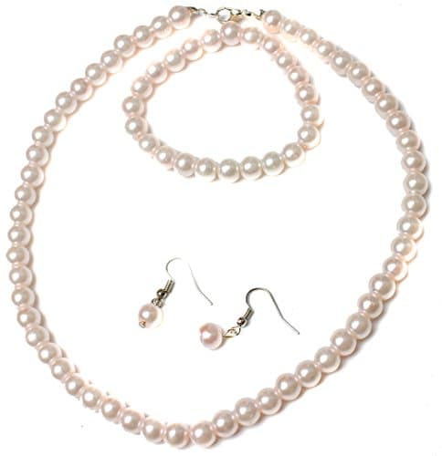 Image of Caprilite Blush Pink Classic Faux Pearl Necklace Earrings & Bracelet Jewellery Set Vintage