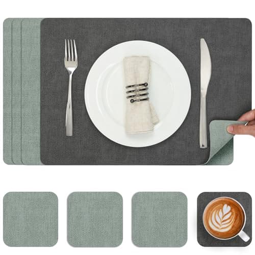 Image of Myir JUN Placemats and Coasters Set of 4, Place Mats Dual Sided Faux Leather Table Mats PU Indoor Outdoor Heat Resistant Placemat Square Non Slip Wipeable Washable Dining Restaurant (Gray Sage Green)
