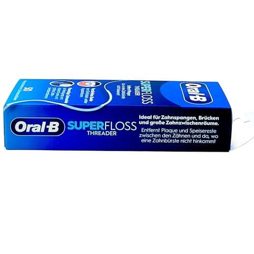 Image of Oral B Superfloss Dental Floss, Removes Plaque & Tartar, Reinforced End or Fluffy Centre for Tight and Wide Spaces, for Cleaning Braces and Appliances, 4 x 50 Precut Threads, Blue