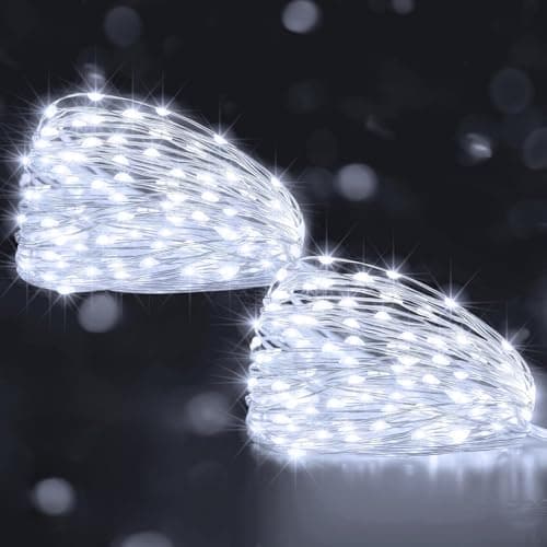 Image of Ollny 2 Packs 10m 100LED Fairy Lights Battery Operated, Waterproof Copper Wire String Lights for Indoor Outdoor Lighting, Christmas Tree Bedroom Outside Party Bottle Wedding Decorations(Cool White)