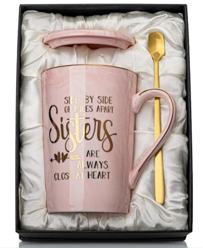 Image of Doublewhale Sister Birthday Gifts, Sister Gifts from Brother Sisters - Gift for Sisters on Birthday Valentine's Day Mother's Day, 14oz Marble Ceramic Coffee Mug with Golden Spoon Lid Card Gift Box