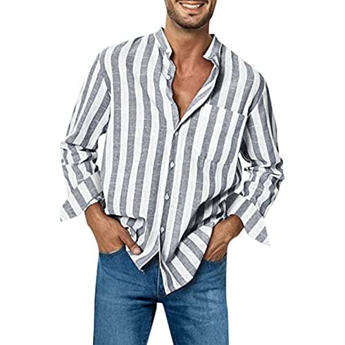 Image of Men's Shirts Long Sleeve Striped Casual Shirt Linen Shirts Button Down Shirt Regular Fit Blue and White Striped Tops, Long Lasting Comfort Top for Men Light Work Shirts Beach Shirt M-3Xl