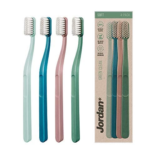 Image of Jordan ® | Green Clean Manual Toothbrush | Award Winning Sustainable Toothbrush Made from Recycled Materials | Eco-Friendly | Scandinavian Design | Soft Bristles | Mixed Colour | Pack of 4