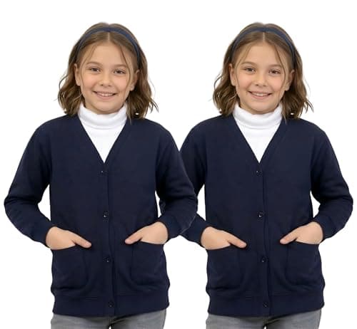 Image of GW CLASSY OUTFIT Girls School Cardigan (Pack of 2) Kids Fleece Schoolwear Button Cardigan Uniform Sweatshirts Age 5 6 7 8 9 10 11 12 13 14 Years (9-10 Years, 2X Navy Blue)