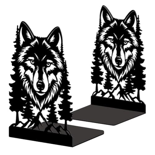 Image of Peacoblue Metal Bookends for Shelves, Modern Decorative Heavy Duty Study Book Ends Stoppers for Office, Desk, Shelf, Room 5.3"x4.3"x7.9" Cast Iron Simple Tall Bookends 1 Pair (Wolf Head with Pines)