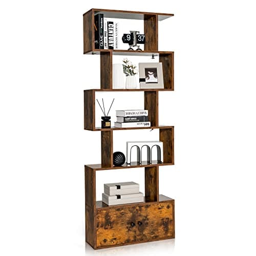 Image of COSTWAY Wooden Bookcase, 5/6-Tier S-Shaped Storage Bookshelf with Cabinet, Freestanding Tall Display Shelf Open Rack Shelving Unit Divider for Living Room, Bedroom and Office (Rustic Brown)