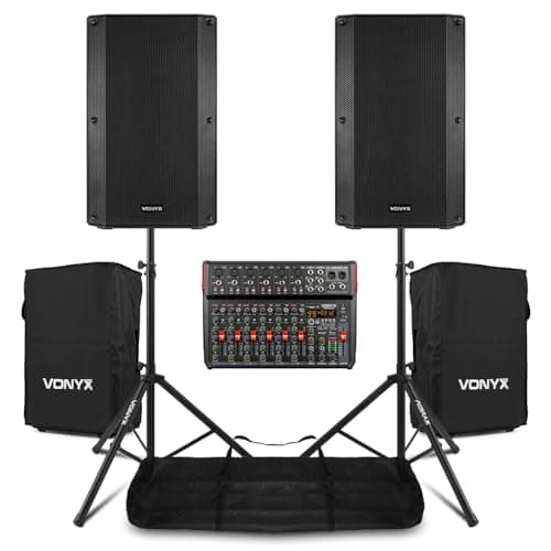Image of VONYX VSA15BT Complete Active PA System – 2x 1000W 15" Bluetooth Speakers, VM-KG10 10-Ch Mixer, Stands, XLR Leads & Protective Covers Included – Ideal DJ, Live Band & Vocalist PA Solution