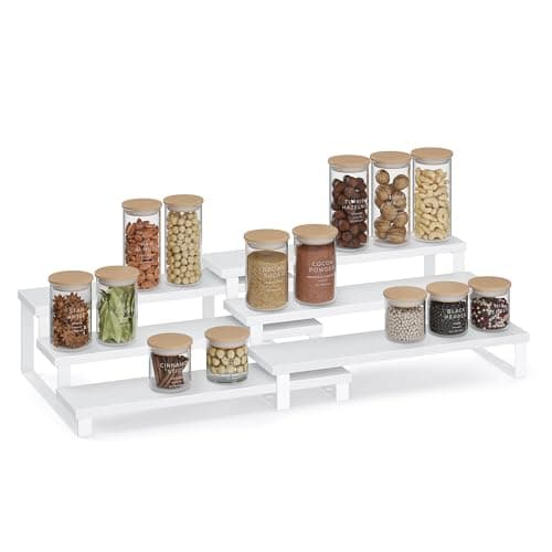 Image of SONGMICS Spice Rack, Set of 2 Cabinet Shelf Organisers, 3-Tier Extendable Spice Holder, Engineered Wood, Stackable, for Pantry, Cupboard, Countertop, Snow White and Cloud White KCS116W01