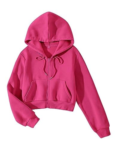 Image of Cioatin Women Zip Up Crop Hoodie Jacket Fleece Drop Shoulder Long Sleeve Cropped Hooded Sweatshirt Active Casual, Hot Pink, S
