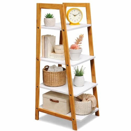 Image of VR7 Wooden Ladder Shelf 4 Tier Ladder Shelves Rack with White Shelves, Ladder Bookcase Storage Unit for Living Room Bedroom Bathroom, Plant Stand Display Rack Space Saving Wood Shelving Unit