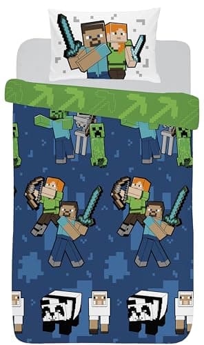 Image of Minecraft Bedding Single Duvet Cover Set – Official Reversible Boys Blue Green Bedding – Kids Gamer Bedroom – Soft Polycotton – Pixel Print Creeper/Characters