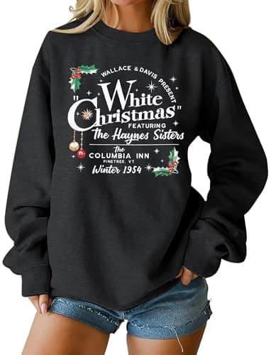 Image of MAXIMGR White Christmas Sweatshirt for Women Christmas Sweatshirts Xmas Holiday Sweatshirt Funny Letter Print Pullover Tops, Dark Grey, Medium