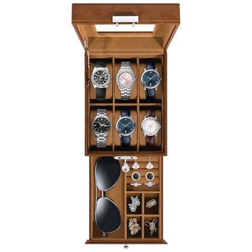 Image of Uten Watch Box 6 Slots, 2-Tier Watch Case with Key Lock, Glass Lid, Watch Display Box for Men and Women, Brown Synthetic Leather, Brown Velvet Lining, Removable Pillows, Jewelry Storage Box, Gift Idea