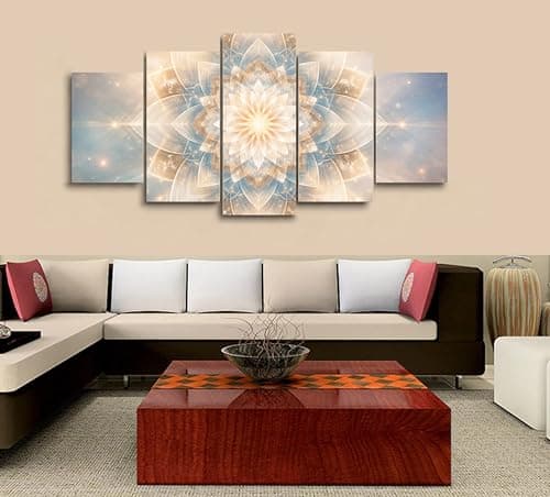 Image of 5 Piece Wall Art Five Panel Abstract Lotus Mandala Artwork Canvas Prints Geometric Floral Pattern Home Decor for Living Room Bedroom Office Interior Decoration Modern Spiritual Design Framed