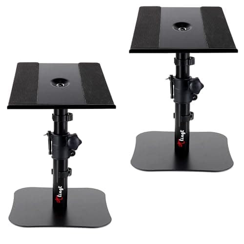 Image of Desktop Speaker Stand Pair, 22.5x24 cm Metal Tray, -10° to +10° Tilt, Flat Base Universal Fit for Any Desk Surface, Perfect for 5"-7" Monitor & Bookshelf Speakers