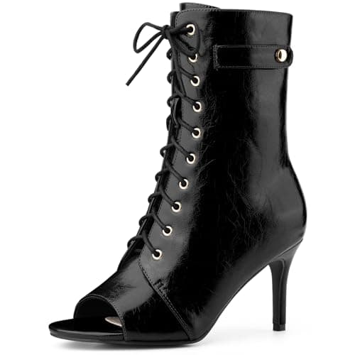 Image of Allegra K Women's Lace Up Peep Toe Stiletto Heel Ankle Boots Black 6 UK/Label Size 8 US