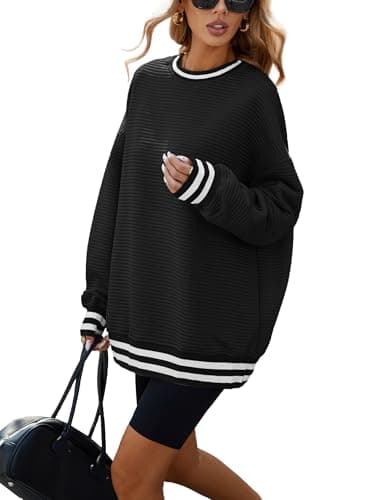 Image of Famulily Women Basic Tops Long Sleeve Color Block Sweatshirts Loose Fit Baseball Top Y2K Clothes Black S