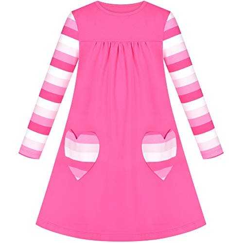 Image of Sunny Fashion Girls Dress Pink Long Sleeve Heart Pocket Striped Casual Cotton T-Shirt Dress Age 8 Years
