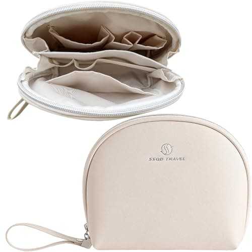 Image of AdWon Makeup Bag Travel Leather Cosmetic Bags for Women,Waterproof Purse Portable Zipper Makeup Pouch Bag with Divider (Beige)