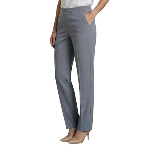 Image of Ladies Trousers Half Elasticated Waist Women Straight Leg Pants Pull On Stretch Work Office Formal Casual Bottom with Pockets Lightweight Smart Trouser Grey 16/27