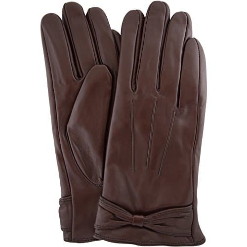 Image of SNUGRUGS Womens Butter Soft Premium Leather Glove with Bow, 3 Point Stitch Desin & Warm Fleece Linning - Brown - Small (6.5")