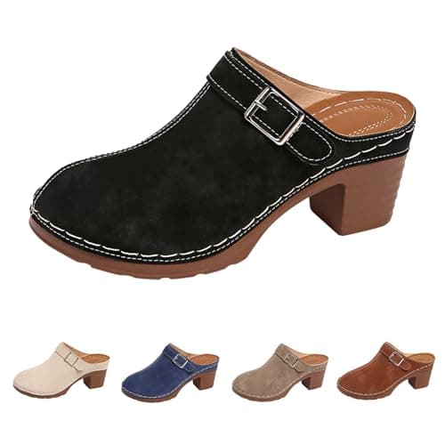 Image of Womens Closed Toe Clogs Size 7, High Chunky Heels Mules Wide Fit Wedge Sandals Breathable Orthopedic Shoes Ladies Outdoor Slip On Mule Walking Slider with Arch Support