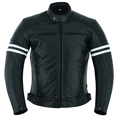 Image of Texpeed Mens Leather Motorcycle Jacket - Touring Motorbike Jacket With Genuine Biker CE Armour (EN 1621-1) Protection Café Racer Design - Black With White Strip - XL