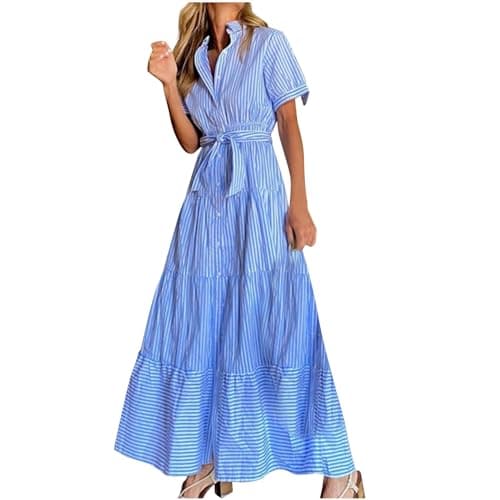 Image of Striped Short Sleeve Maxi Dress for Women Button Down Tie Waist Dresses Italian Casual Elegant Work Office Shirt Dress Summer Beach Sundress