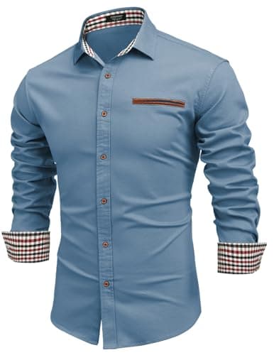Image of COOFANDY Men's Shirts Long Sleeve Denim Casual Work Shirt Button Down Dress Shirt Slim Fit Cotton Cowboy Shirts with Plaid Collar Dark Blue L