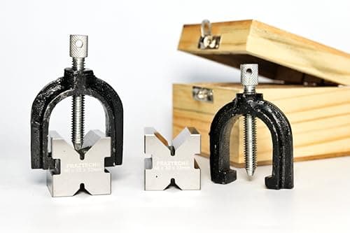 Image of PRAZTECH® Precision Engineers VEE Blocks CLAMP Set - V Block Matched Pair, 40mm x 32mm x 32mm, Clamping Capacity: 1" (25mm) in Wooden Box
