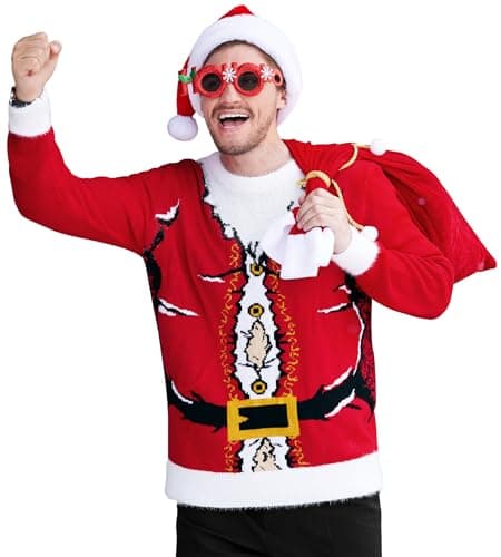 Image of Mainfini Men's Christmas Sweater Casual Xmas Santa Claus Pullover Long Sleeve Red New Year Graphic Knitted Jumpers XXL