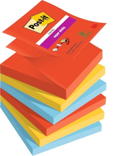 Image of Post-it Super Sticky Z-Notes, 540 Sheets, Pack of 6 Pads, 76 mm x 76 mm - Holds Strong to Many Surfaces - Red, Yellow, Blue - for Walls, Monitors and Fridge, Recycable