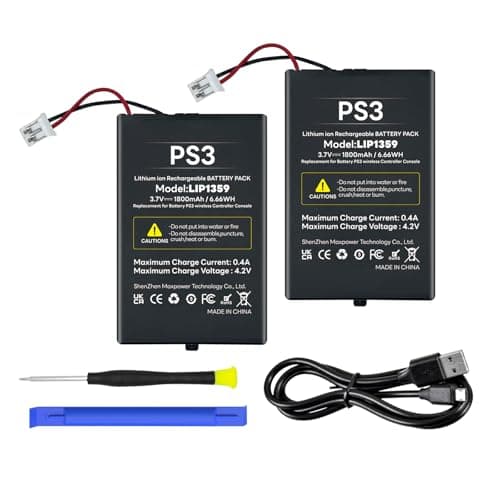 Image of PS3 Controller Battery (Pack of 2), 1800 mAh LIP1359 Replacement Battery for Sony Playstation 3 PS3 Dualshock 3 CECHZC2E CECHZC2U Controller with USB Cable and Tools
