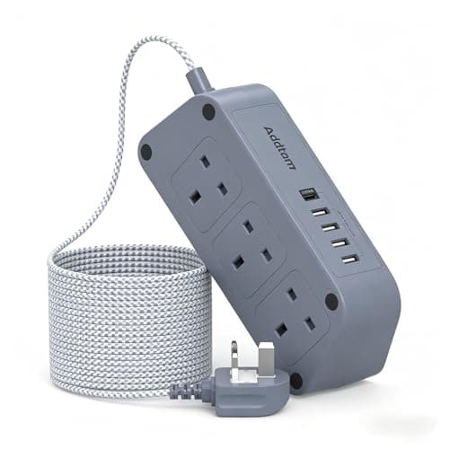 Image of Addtam Extension Lead with USB Slots, 6 Way Outlets 5(1 USB-C & 4 USB-A), 3M Braided Cable, 3250W Overload Protection, Surge Protected Multi Socket Gray