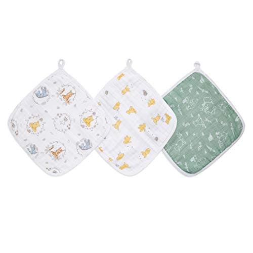 Image of aden + anais essentials Winnie The Pooh Washcloth - Pack of 3 | Disney Baby | 100% Cotton Muslin, Bath & Shower Flannel for Babies | Mickey Mouse Unisex Baby Gift Set | Wash Essentials for Newborns