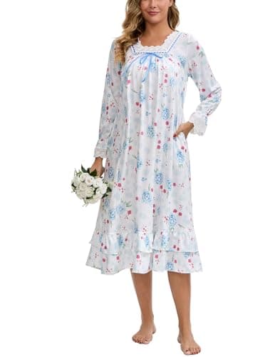 Image of Rubehoow Old Fashion Nightgonw Women's Vintage Floral Nightdress Maxi Sleepdress Sleep Gown with Lace Tirm (S,Blue Rose)