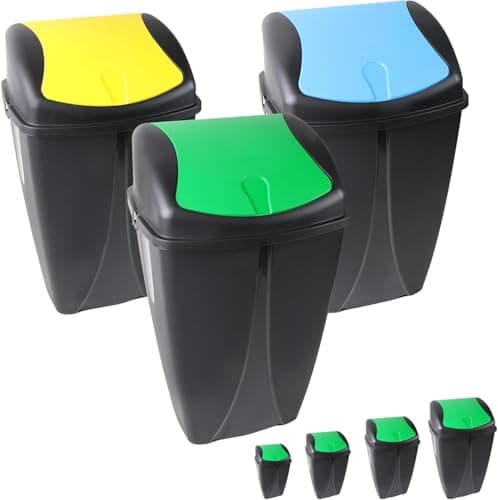 Image of PRADICHI Set of 3 Plastic Flip Top Waste Bins - Removable Swing Lid Recycling Trash Cans for Kitchen, Home, Bathroom, & Office - Color Coded Lids (Green, Blue, Yellow) (Large (70L))